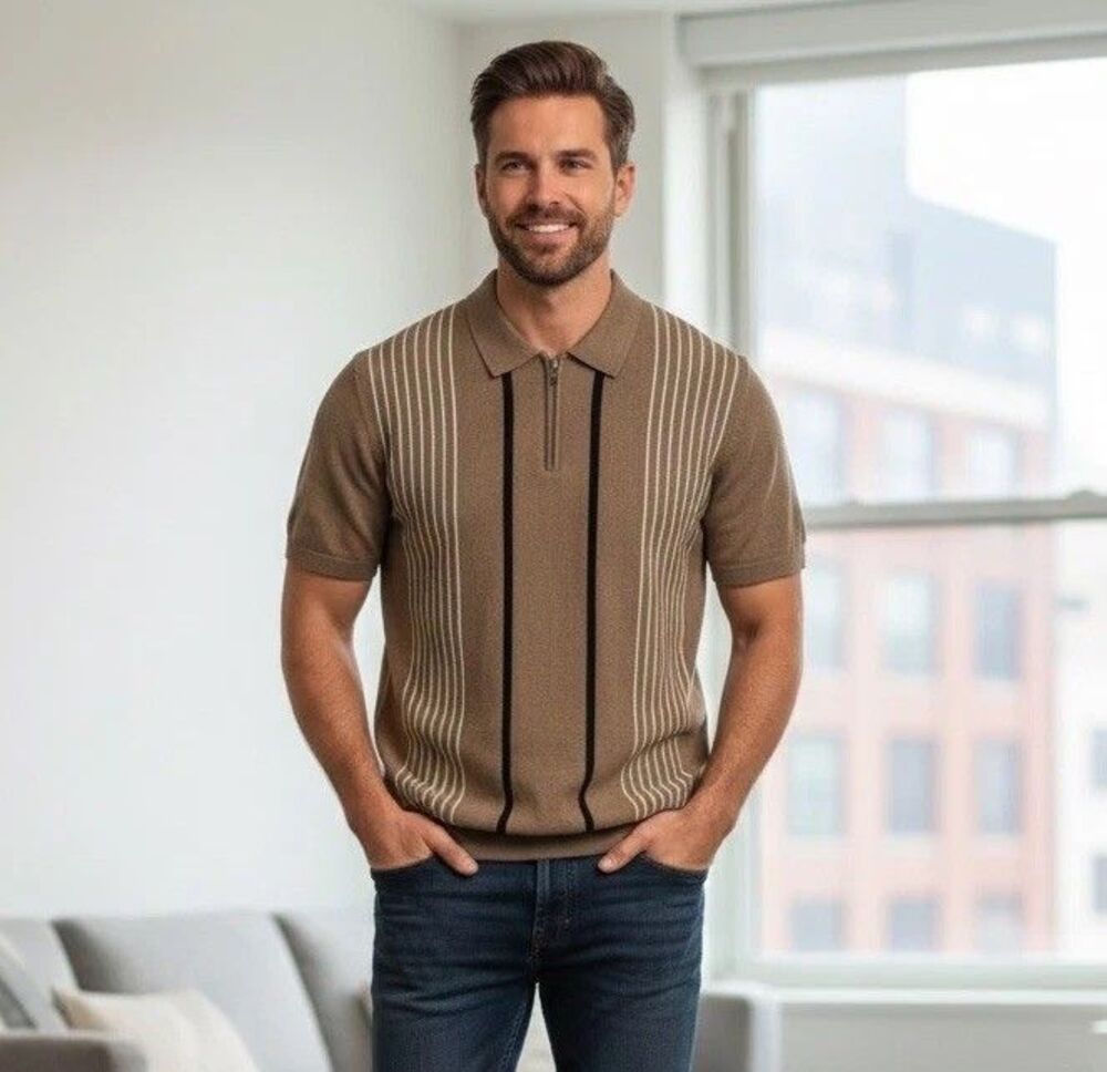 Express Sweater Knit Stripe Quarter Zip Polo Short Sleeve Men’s L Retro Brown